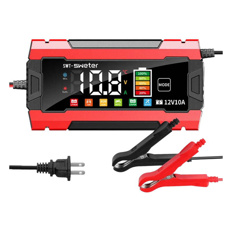 Cargador Inteligente Automático 3 Etapas / 12V 10A / Para Motocicleta, Auto, ATV / Baterías AGM, GEL, SLA, WET, DEEP CYCLE, Litio 12.6V, LiFePO4 14.6V / LCD / Protección Inversa Polaridad EPCOM POWERLINE SWT-3830-R