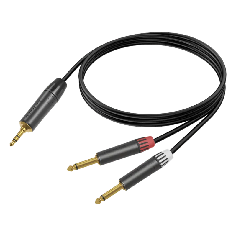 Cable de Audio | Plug 3.5mm estéreo a 2 Plugs 1/4 in mono | Conector Seetronic Serie M MTP3C-BG - MP2X-BG | Longitud 5m COSMICONN CMC02020AS-TP-2PM-5