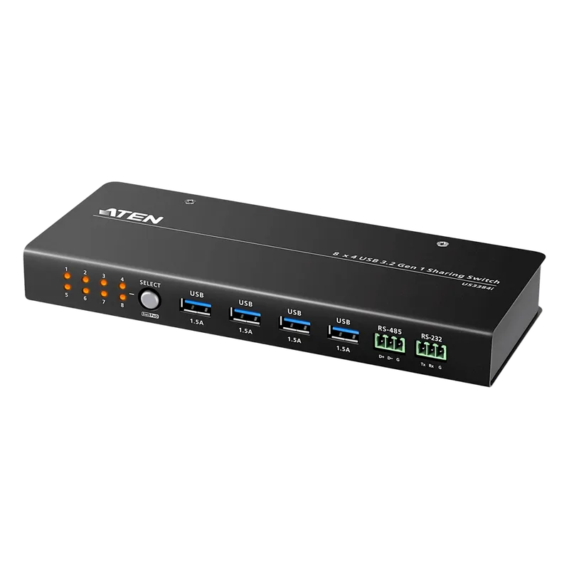 Conmutador de Uso Compartido USB 3.2 Gen 1 Industrial | 8 Puertos para Computadoras | 4 Puertos para Dispositivos | 5 Gbps | Selección por Botón, RS-232/485 o Remoto | Power on Detection | Carcasa de Metal | Montaje en Pared ATEN US3384I