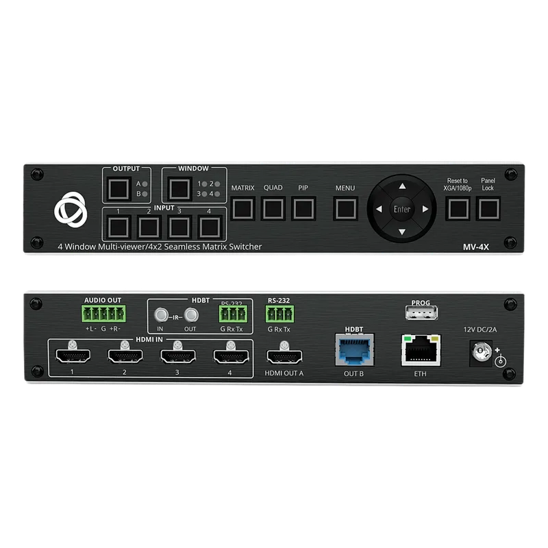 Matrix HDMI 4x2 con Escalado Integrado | Multi-Ventana | 4K@60Hz 4:4:4 | HDBT y HDMI | HDCP 2.3 | Conmutación Sin Corte | PiP-PoP | Control Web KRAMER MV-4X