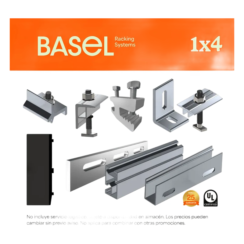 Sistema de Montaje Solar / Techo Plano / 4 Módulos / Resistencia 140 km/h / Inclinación 15° / Componentes BASEL KITBASEL1X4