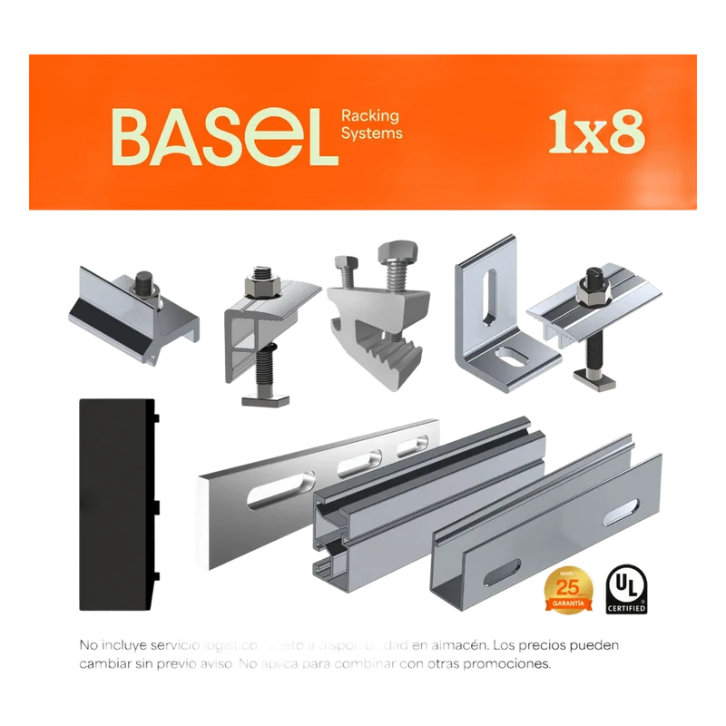 Sistema de Montaje Solar BASEL / Flat Roof Single Row / 8 Módulos / 140 km/h Viento / Riel N-S 2.14 m / Inclinación 15° KITBASEL1X8