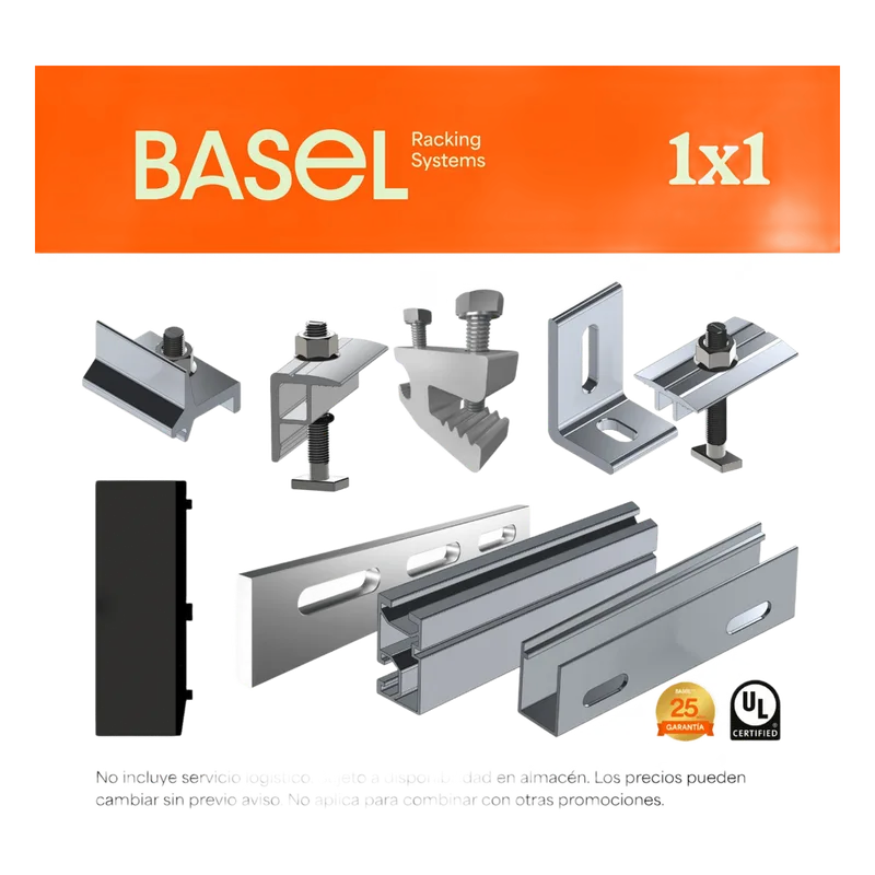 Sistema de Montaje Solar BASEL / Flat Roof Single Row / 1 Modulo / Riel N RAIL 4.72 / Soportes N3 BASEL / Resistencia Viento 140 km/h / Inclinacion 15 Grados KITBASEL1X1