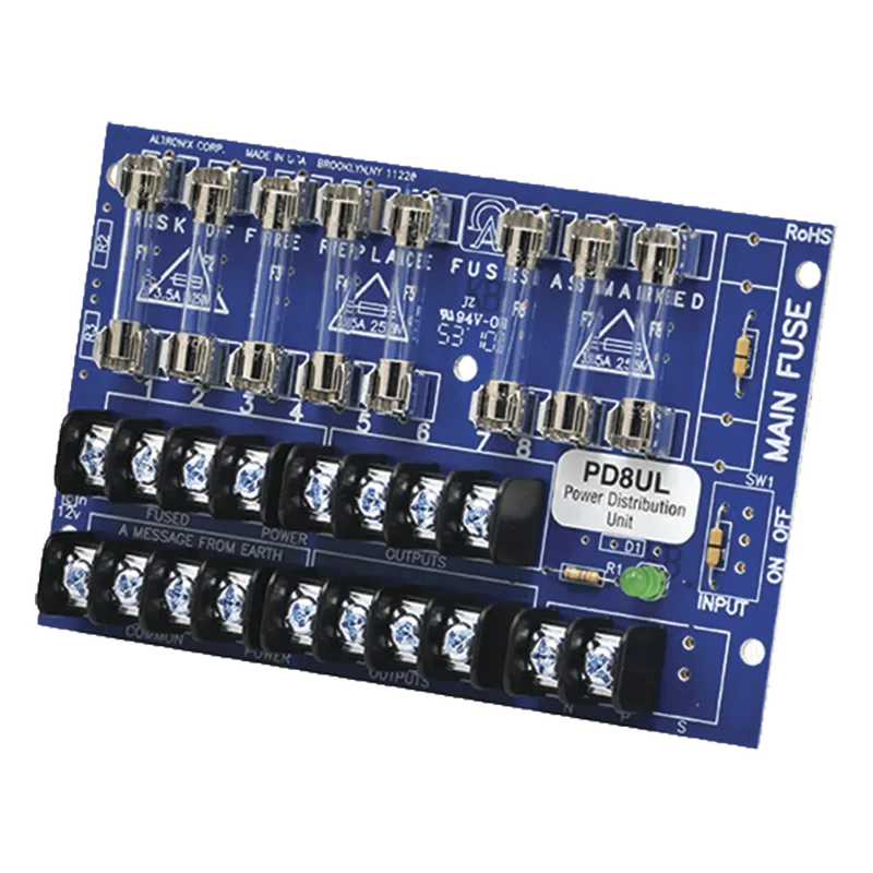 Tablero distribuidor de voltaje, 8 salidas con fusible de protección. Para uso con Fuentes de poder ALTRONIX. PD8UL