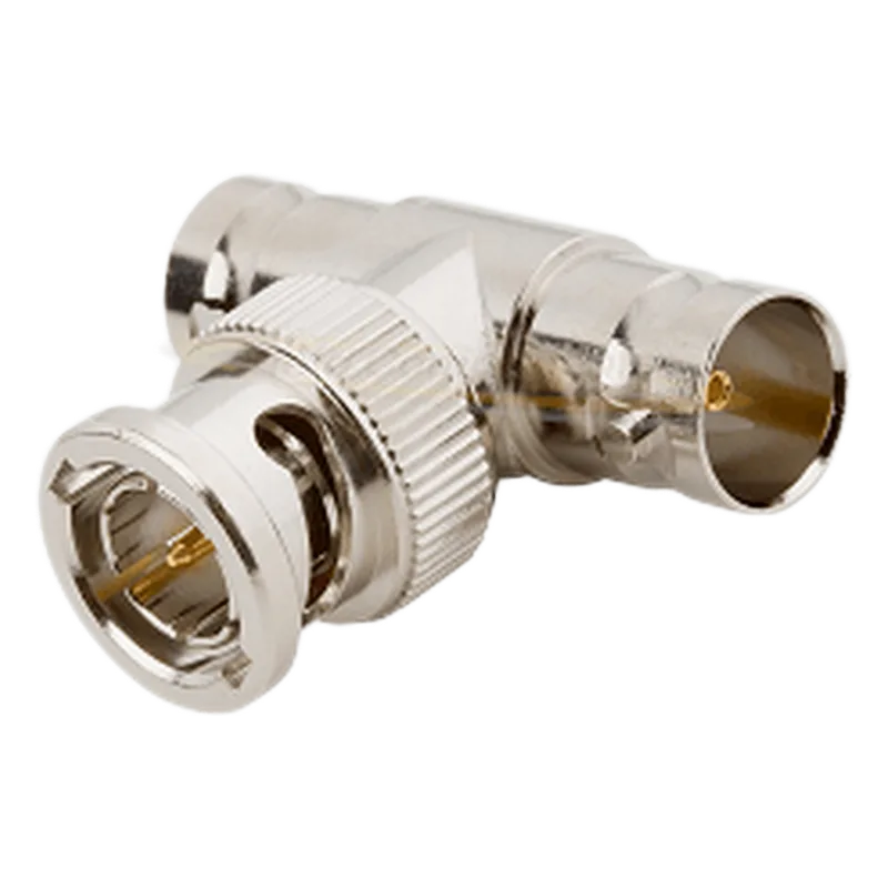 Adaptador en T para 50 Ohm de BNC Macho a Doble BNC Hembra, Troquelado, Níquel/ Oro/ Delrin. RF INDUSTRIES,LTD RFB-1130-1