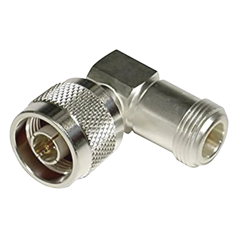 Adaptador en Ángulo Recto, de Conector N Macho a N Hembra, Plata/ Oro/ Teflón. RF INDUSTRIES,LTD RFN-1012-1