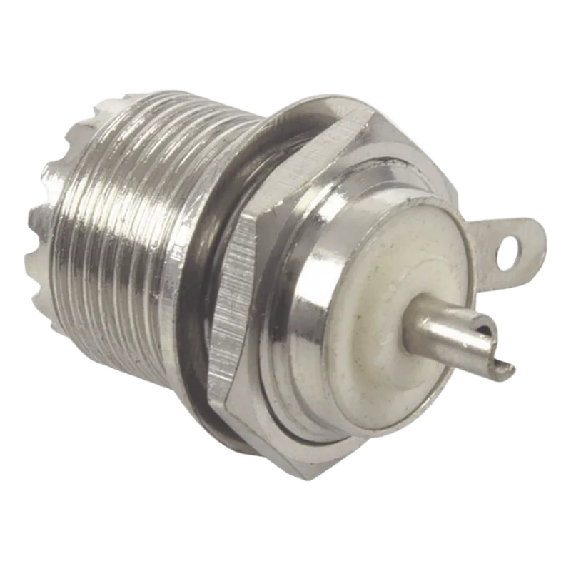 Conector UHF Hembra (SO-239) en Línea, Montaje Frontal en D Plano, Níquel/ Plata/ Teflón. RF INDUSTRIES,LTD RFU-523-T