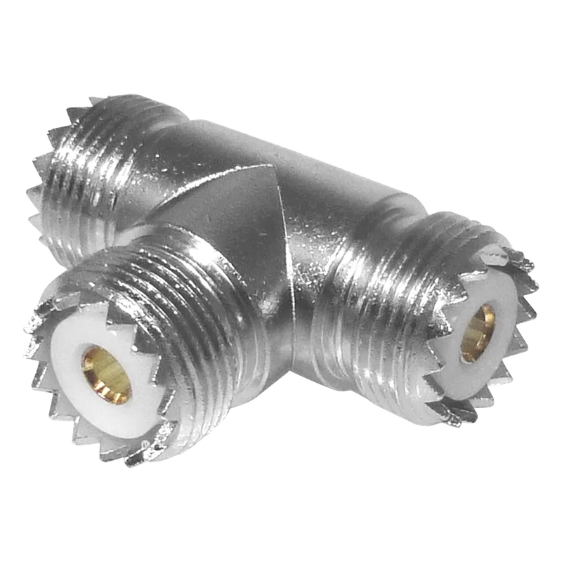 Adaptador en forma T, de Conector UHF Hembra (SO-239) a Doble Conector UHF Hembra, Níquel/ Plata/ Delrin. RF INDUSTRIES,LTD RFU-534