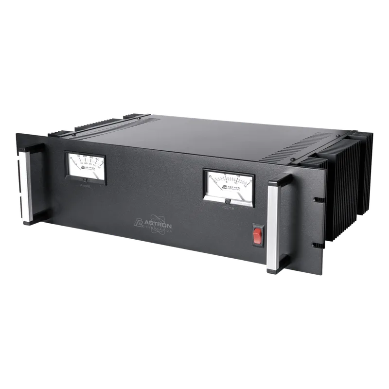 Fuente de poder 13.8Vcc, 35A, lineal regulada con circuito cargador de baterías, para instalación en rack ASTRON RM-35MBB