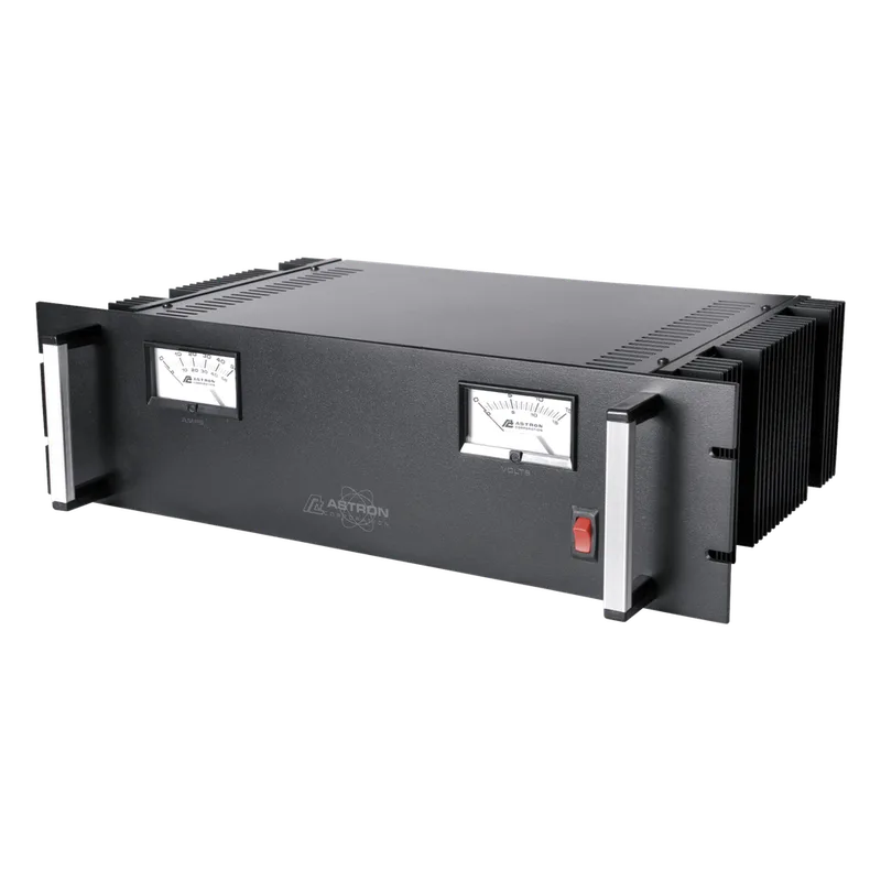 Fuente de poder 13.8Vcc, 50A, lineal regulada con circuito cargador de baterías, medidores, para instalación en rack ASTRON RM-50MBB