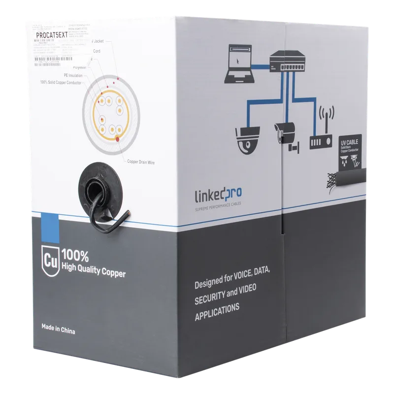 Bobina de Cable de 305 Metros (1000 Pies), Cat5e, FTP, Blindado, Color Negro, UL, para Aplicaciones en Video Vigilancia, Redes de Datos. Uso en Intemperie LINKEDPRO BY EPCOM PRO-CAT-5-EXT