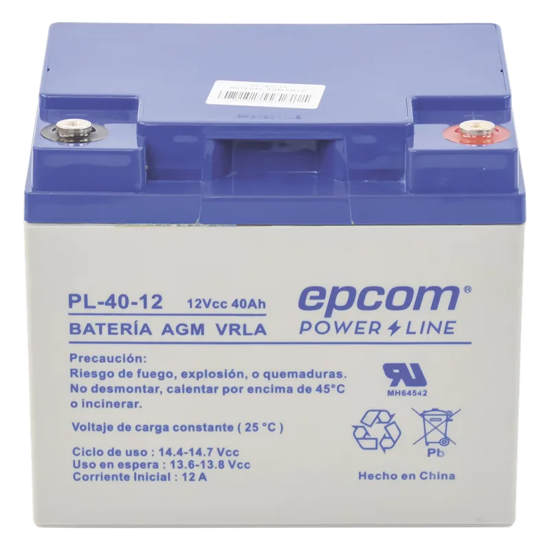 Batería 12 Vcc / 40 Ah / UL / Tecnología AGM-VRLA / Para uso en equipo electrónico Alarmas de intrusión / Incendio/ Control de acceso / Video Vigilancia / Terminales tipo M6 ( HEX ) / Cargador recomendado CHR-250. EPCOM POWERLINE PL-40-12