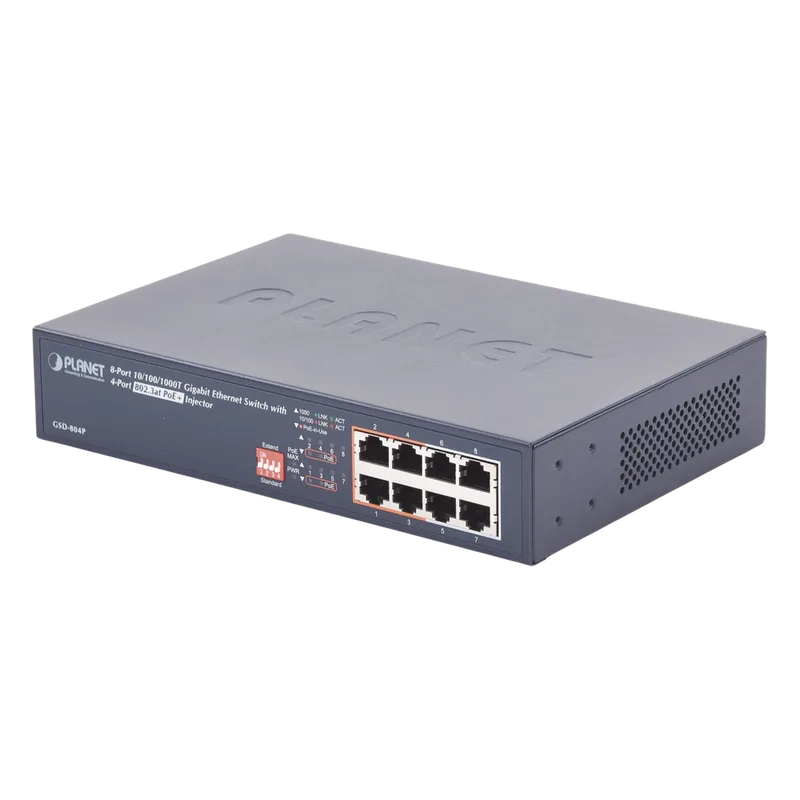 Switch PoE no Administrable, 8 Puertos 10/100/1000 Mbps con 4 Puertos PoE 802.3af/at, Modo Extender Hasta 250 mts PLANET GSD-804P