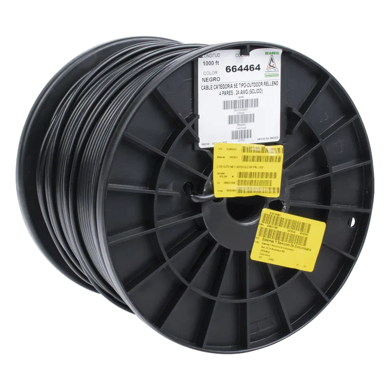 Bobina de 305 Metros (1000 Pies) Cat5e con Gel para Exterior, Color Negro, para Aplicaciones en Sistemas de Redes de Datos y Cableado Estructurado. Uso Intemperie. CONDUMEX 66-44-64/1000