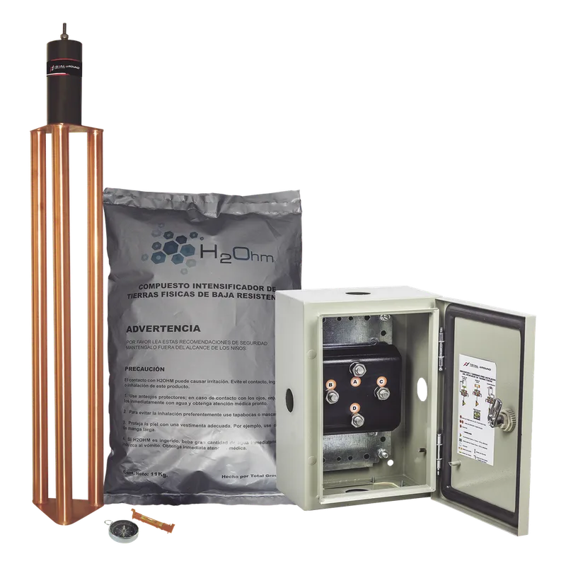 Kit de puesta a tierra de 70 A con Electrodo, Filtro, Acoplador y Compuesto H2Ohm. TOTAL GROUND TG-70K