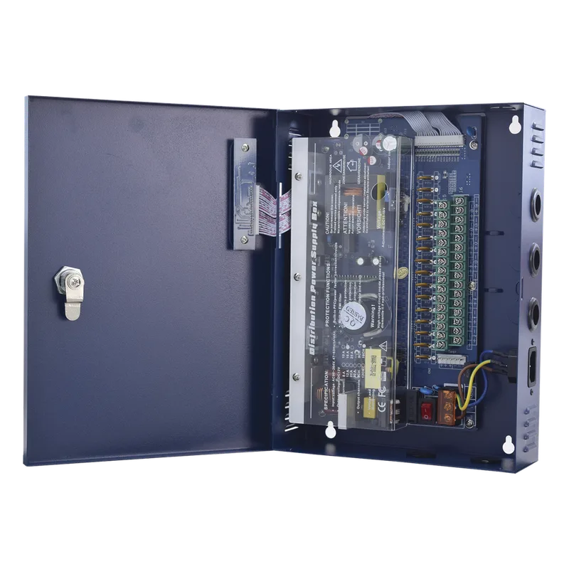 Fuente de poder profesional de 12-14.8 Vcc @ 16 Amper ; para 16 cámaras , Voltaje de entrada : 96-264 Vca, con capacidad de batería de respaldo, requiere batería. EPCOM POWERLINE PLK-12-DC-16A