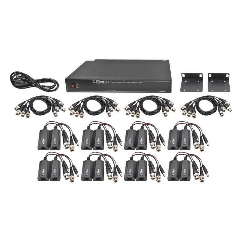 Kit de 16 canales para transmisión de ALIMENTACION (NO SOPORTA COAXITRON)( de 36 Vcc a 12 Vcc) y video (HD-TVI) a distancias de hasta 250 m. EPCOM TITANIUM KIT-TT-16-PV-TURBO