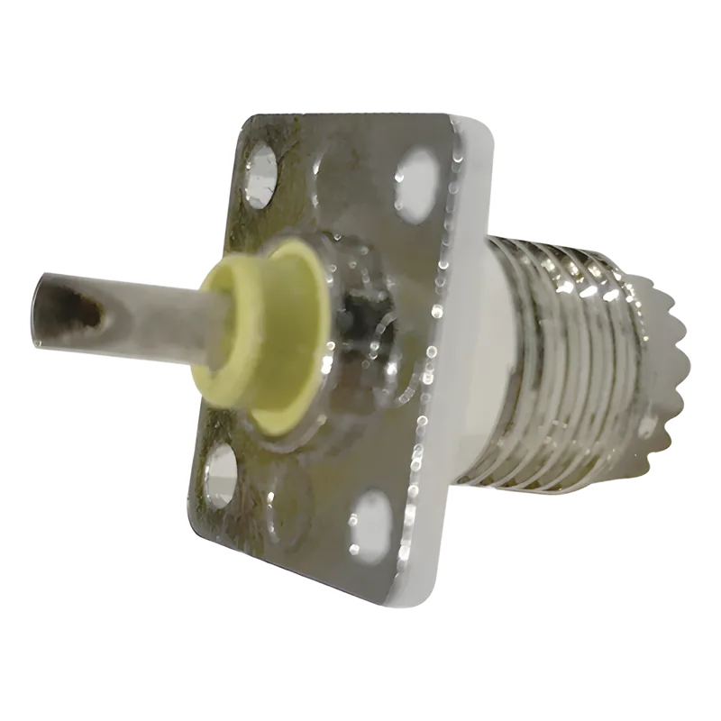 Conector Mini-UHF Hembra, de Montaje en 4 Perforaciones a 13 mm, Níquel/ Oro/ Baquelita. RF INDUSTRIES,LTD RFU-603-1