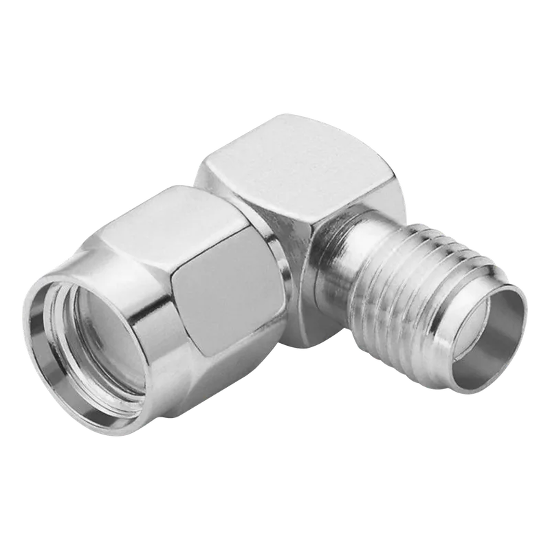 Adaptador en Ángulo Recto de Conector SMA Macho Inverso a SMA Hembra, Níquel/ Oro/ Teflón. RF INDUSTRIES,LTD RP-3402