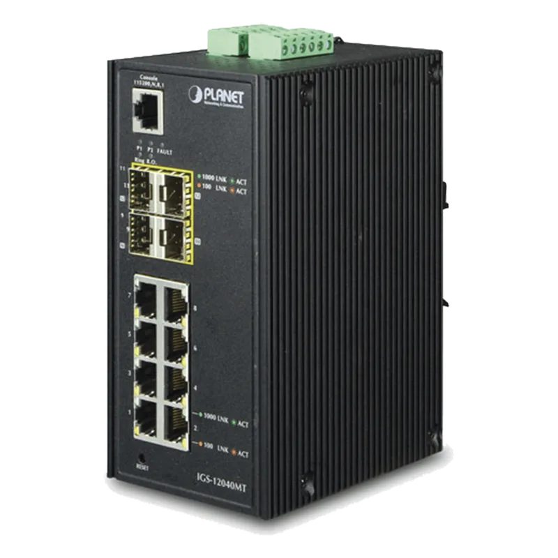 Switch Industrial Administrable de 8-Puertos 10/100/1000T + 4-Puertos 100/1000X SFP PLANET IGS-12040MT