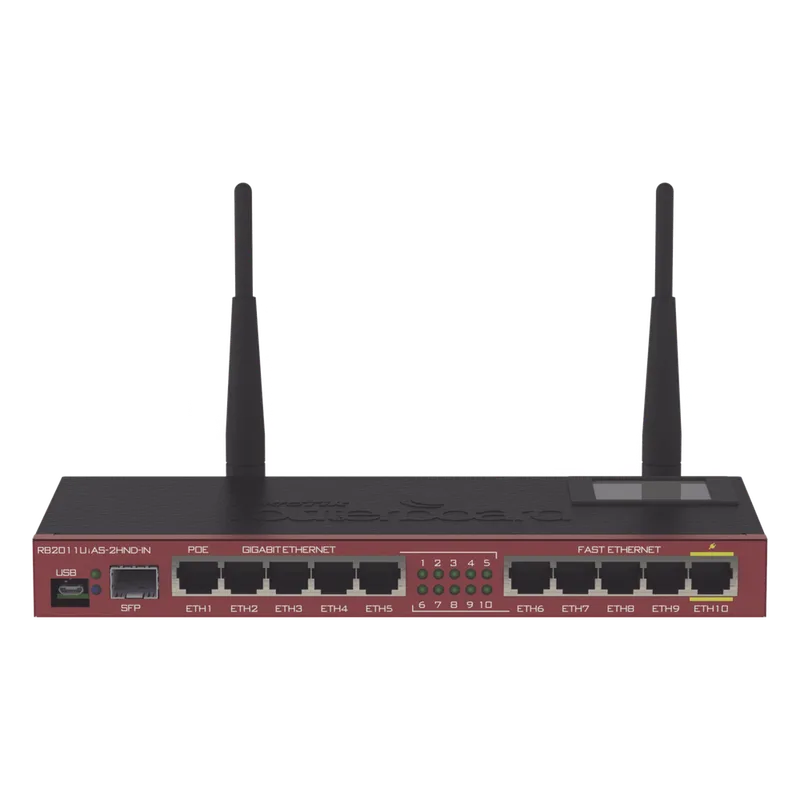 Router Board, 10 Puertos Ethernet, 1 Puerto SFP, Wi-Fi de Gran Cobertura 2.4 GHz Antenas de 4 dBi, hasta 1 Watt de potencia MIKROTIK RB2011UIAS-2HND-IN