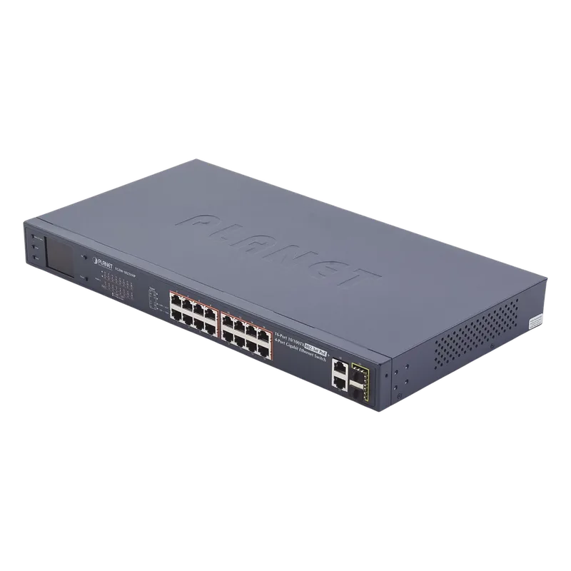 Switch No Administrable PoE+ Extender, Aislamiento VLAN de 16 Puertos +, 2 Combo TP/SFP Gigabit y Pantalla PLANET FGSW-1822VHP