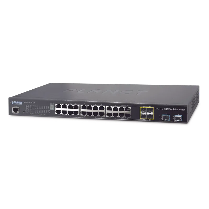 Switch de Acceso Stack Capa 2+ de 24 puertos + 4 compartidos TP/SFP + 2 Puertos 10G SFP+ Stack PLANET SGS-5220-24T2X