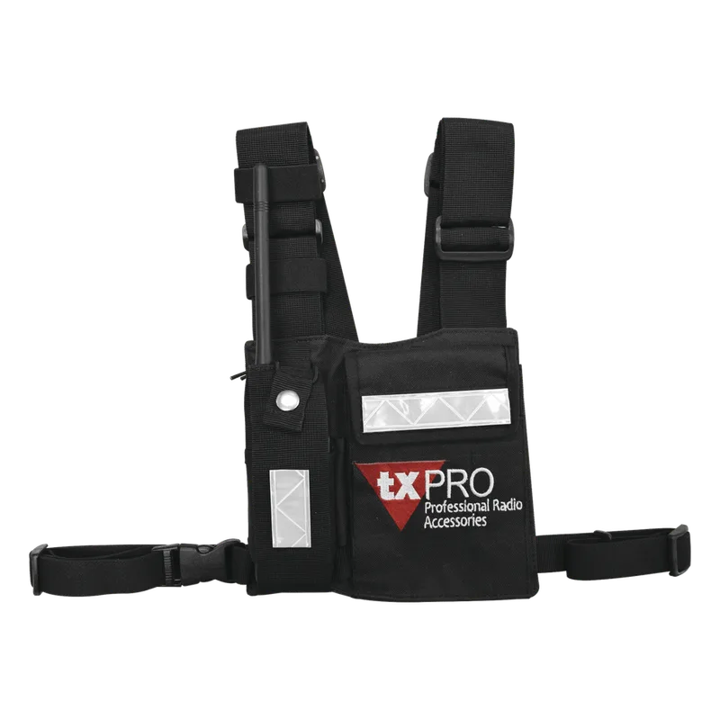 Pechera Universal con soporte para radio, sostén de bolígrafo y seguridad para la bolsa con cinta adherente. Logo TX-PRO. TXPRO CPP-TXP