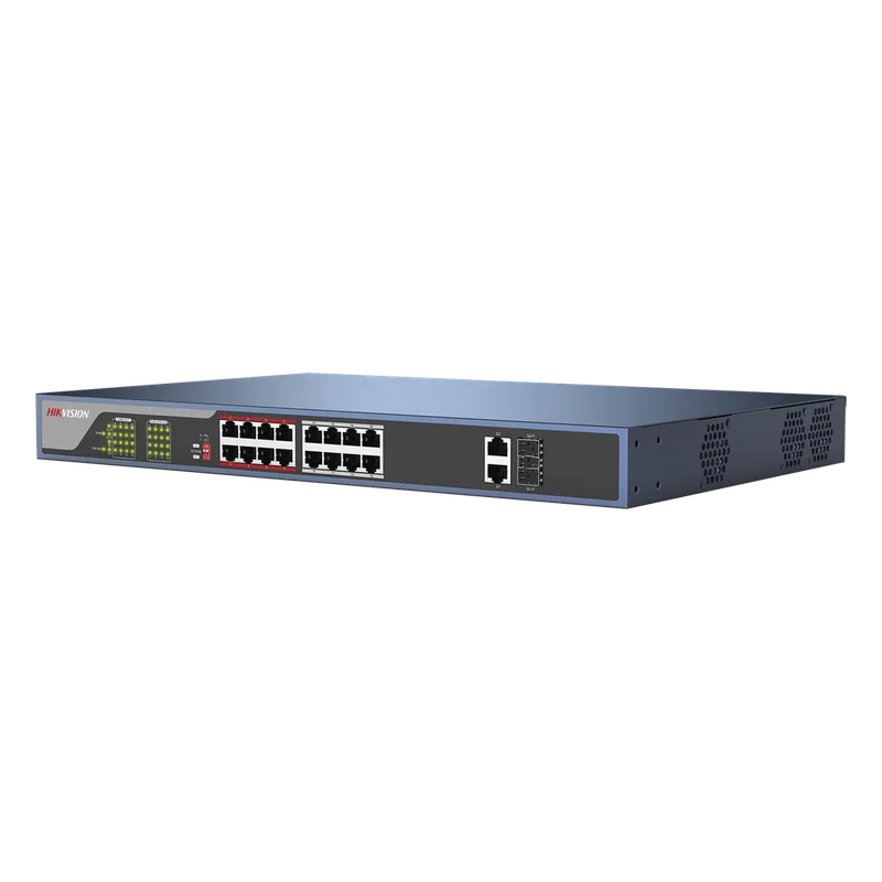 Switch PoE 250 Metros Larga Distancia / 16 Puertos 802.3at (30 W) 100 Mbps + 2 Puertos Gigabit + 2 Puertos SFP HIKVISION DS-3E03-18PE