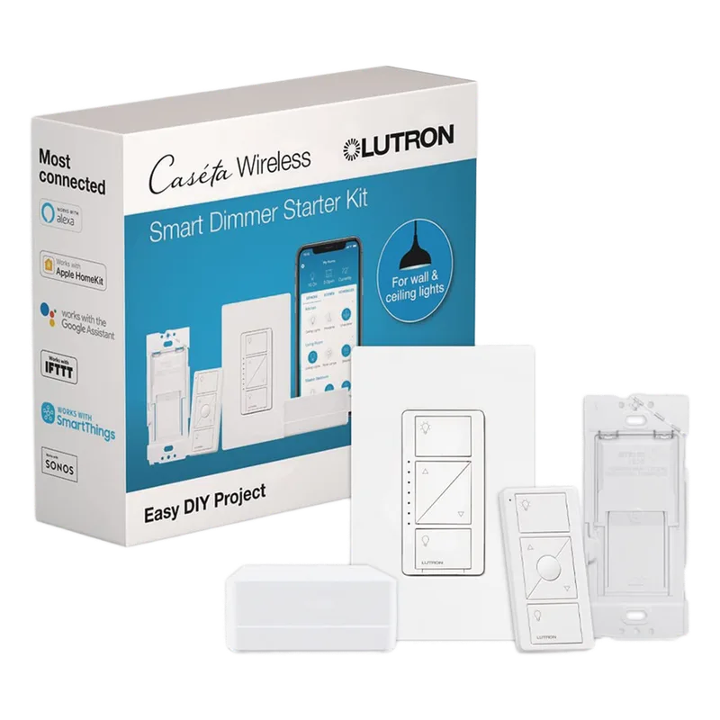 Kit de inicio Caseta Wireless con hub Smart Bridge, atenuador de pared, control Pico y placa Claro para controlar la iluminación desde la app Lutron LUTRON CASETA WIRELESS PBDGPKG1W