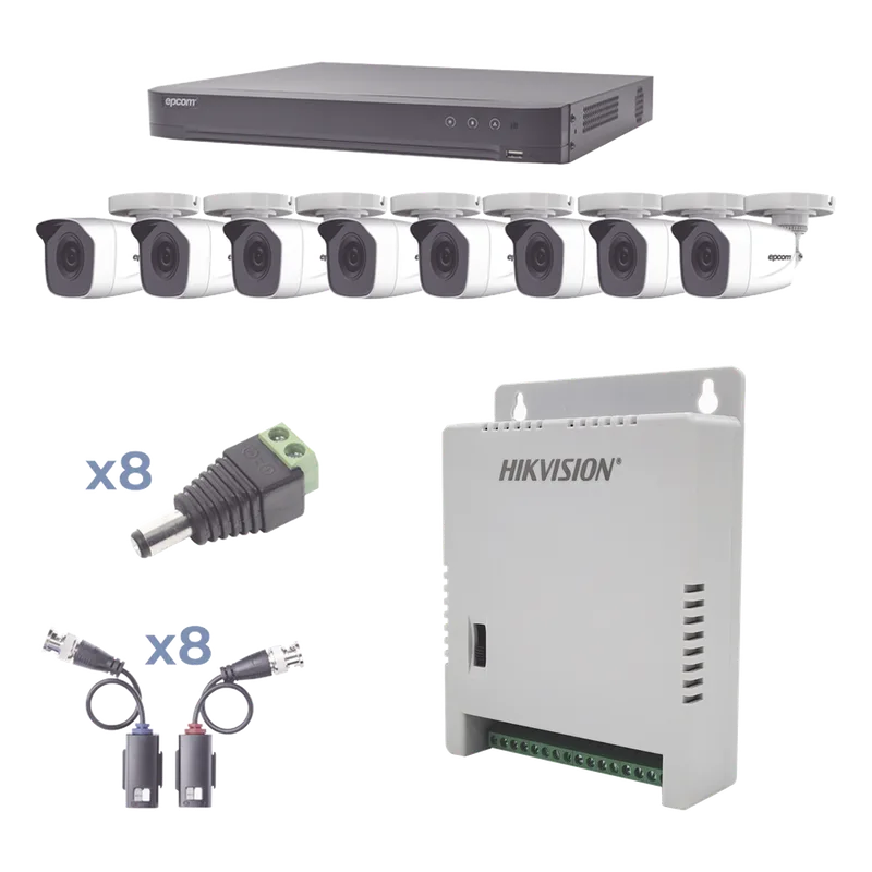 KIT TurboHD 1080p / DVR 8 Canales / 8 Cámaras Bala (exterior 2.8 mm) / Transceptores / Conectores / Fuente de Poder Profesional hasta 15 Vcc para Larga Distancias EPCOM PROFESSIONAL KEVTX8T8BW