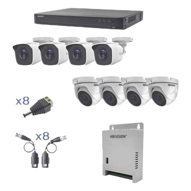 KIT TurboHD 1080p / DVR 8 Canales / 4 Cámaras Bala (exterior 2.8 mm) / 4 Cámaras Eyeball (exterior 2.8 mm) / Transceptores / Conectores / Fuente de Poder Profesional hasta 15 Vcc para Largas Distancias EPCOM PROFESSIONAL KEVTX8T4BW/4EW
