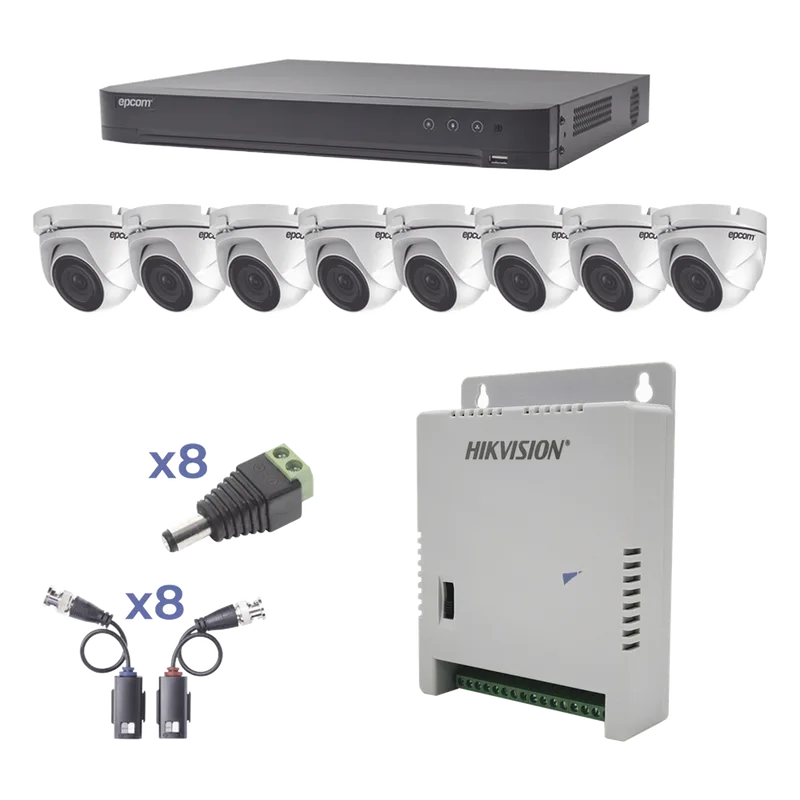 KIT TurboHD 1080p / DVR 8 Canales / 8 Cámaras Eyeball (exterior 2.8 mm) / Transceptores / Conectores / Fuente de Poder Profesional hasta 15 Vcc para Larga Distancia EPCOM PROFESSIONAL KEVTX8T8EW