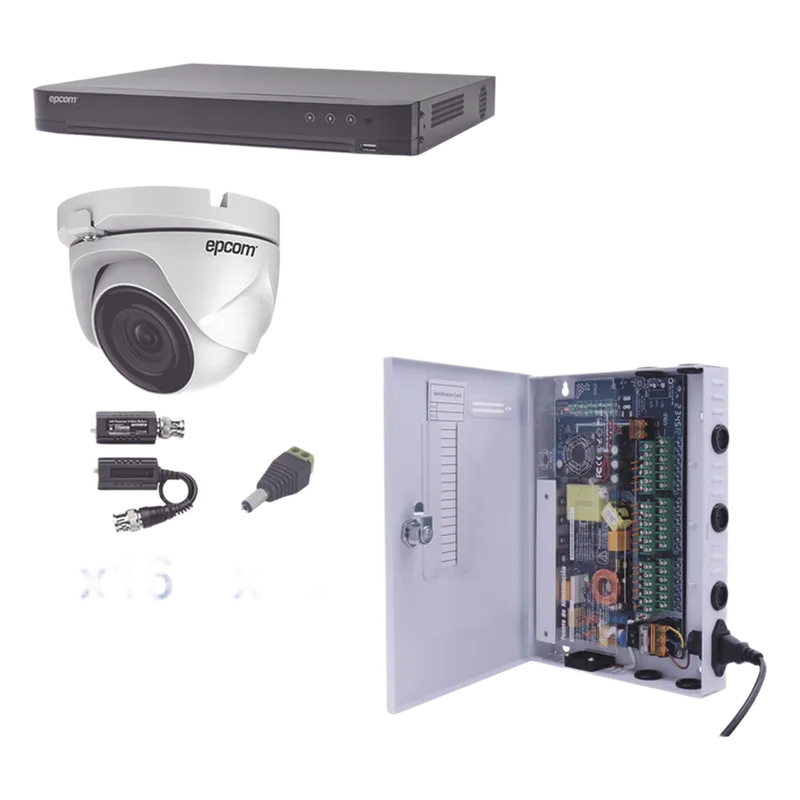 KIT TurboHD 1080p / DVR 16 Canales / 16 Cámaras Eyeball (exterior 2.8 mm) / Transceptores / Conectores / Fuente de Poder Profesional EPCOM PROFESSIONAL KEVTX8T16EW