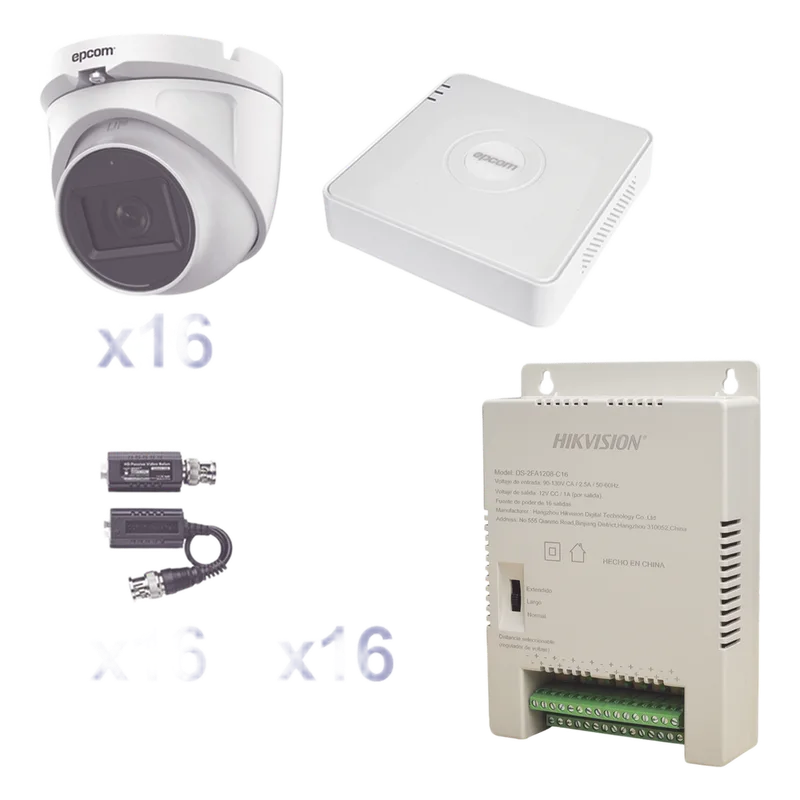 KIT TurboHD 1080p Lite / DVR 16 Canales / 16 Cámaras Eyeball Exterior ( 2.8mm) / Transceptores / Conectores / Fuente de Poder Profesional EPCOM PROFESSIONAL KESTXLT16EW