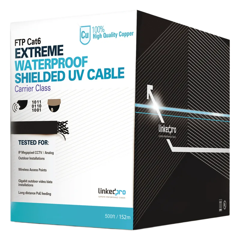 Bobina de 152.5 Metros (500 Pies) Cat6+ Calibre 23 Exterior Blindado Tipo FTP Para Climas Extremos, UL Para Aplicaciones de Video Vigilancia y Redes de Datos. Para Uso en Intemperie. LINKEDPRO BY EPCOM PRO-CAT-6-EXT/500