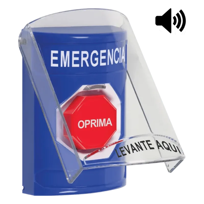 ​Botón Multipropósito, Color Azul, De Superficie, Con Tapa De Policarbonato, Con Bocina Pre Alarma, Solo Interior, Llave Para Restablecer, Texto De Emergencia, Español STI SS24A2EM-ES
