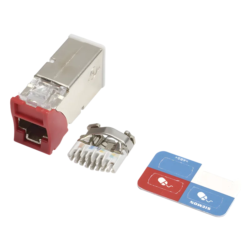 Jack Z-MAX Cat6A, Blindado, Montaje Híbrido en Placa de Pared (Plano y Angulado), Color Rojo SIEMON Z6A-S03