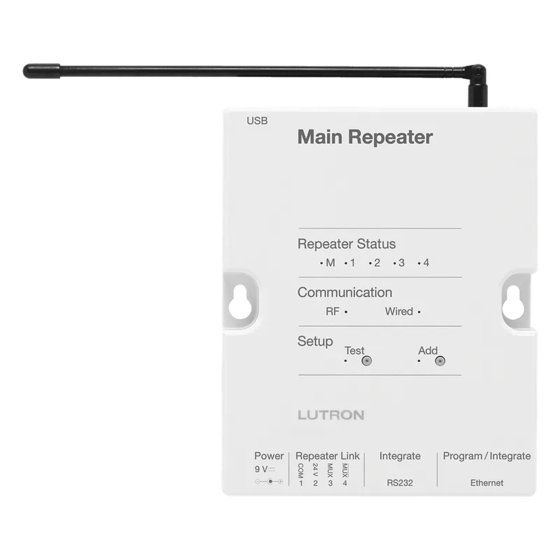 Repetidor principal para sistema de control de iluminación RadioRA 2, con reloj astronómico y puertos Ethernet, RS232 y RS485, admite hasta 100 dispositivos LUTRON ELECTRONICS RRMAINREP