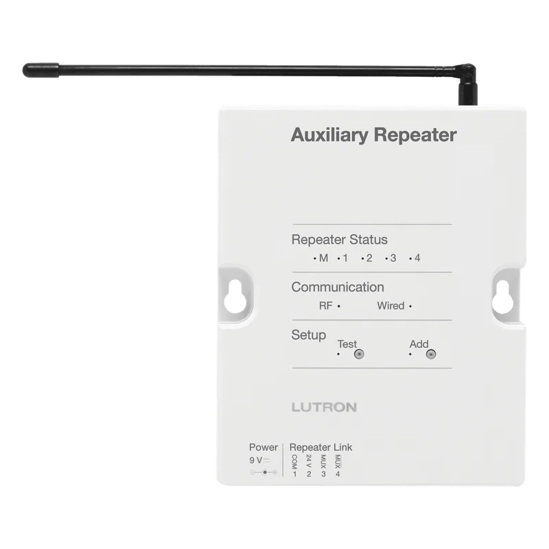 Repetidor auxiliar para ampliar el alcance de radiofrecuencia del sistema RadioRA 2 en aplicaciones grandes, exteriores y entre edificios, inalámbrico o con enlace RS485 LUTRON ELECTRONICS RRAUXREP