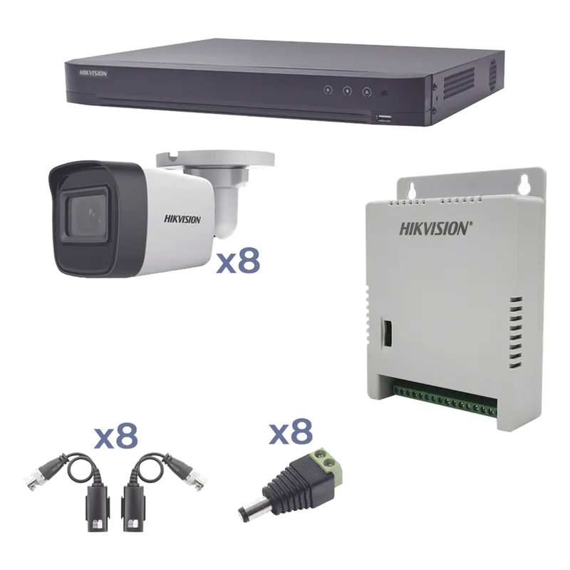 KIT TurboHD 1080p / DVR 8 Canales / 8 Cámaras Bala (exterior 2.8 mm) / Transceptores / Conectores / Fuente de Poder Profesional hasta 15 Vcc para Larga Distancia HIKVISION KH1080P8BW