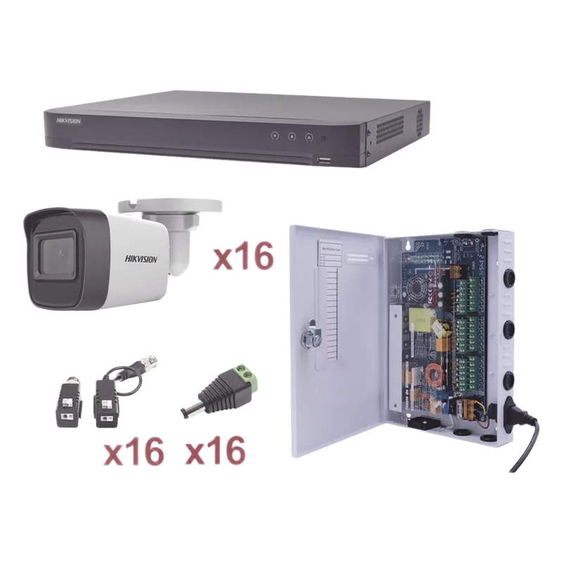 KIT TurboHD 1080p / DVR 16 Canales / 16 Cámaras Bala (exterior 2.8 mm) / Transceptores / Conectores / Fuente de Poder Profesional HIKVISION KH1080P16BW
