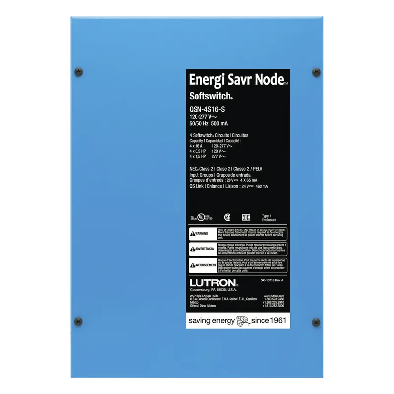 Controlador de iluminación Energi Savr Node con Softswitch, 4 zonas de conmutación de 16 A por canal, 120-277 V, montaje en superficie, para sistemas QS LUTRON ELECTRONICS QSN4S16S