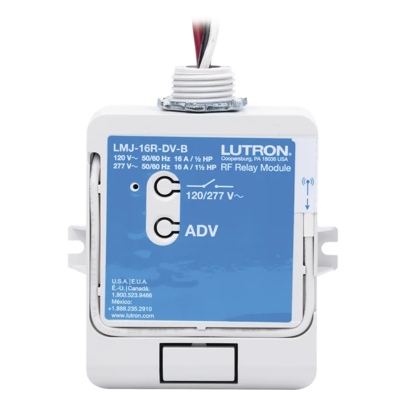 Módulo de relé de radiofrecuencia con tecnología Softswitch, conmuta hasta 16 A de propósito general, 120/277 V, apto para plenum, compatible con RA2 Select, RadioRA 2 y HomeWorks LUTRON ELECTRONICS LMJ16RDVB