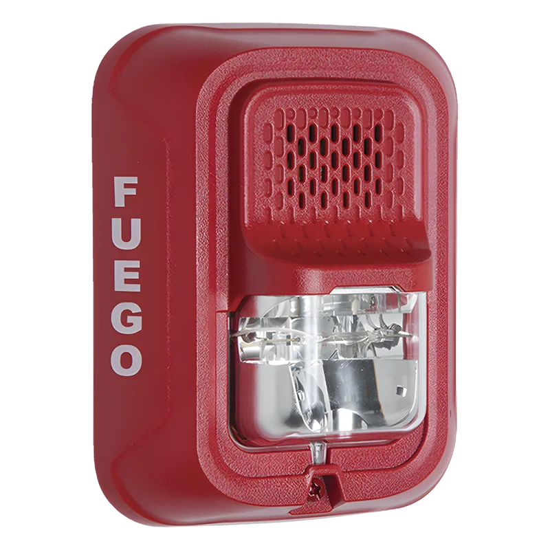 Sirena con lámpara estroboscópica de 2 hilos para pared, color rojo, leyenda FUEGO, candela seleccionable en campo SYSTEM SENSOR P2RL-SP
