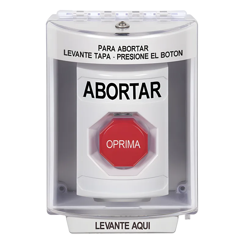 Botón de Abortar, Bocina de Advertencia Integrada, Texto en Español, Tapa Protectora de Policarbonato Súper Resistente con Espaciador, Restablecimiento con Llave STI SS2382AB-ES