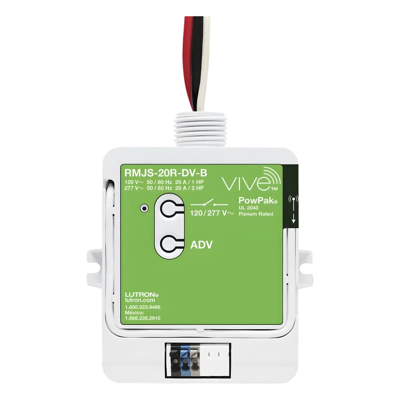 Módulo de relevador inalámbrico PowPak de 20 A para control de contactos, 120/277 V, con Softswitch, compatible con controles Pico y sensores Radio Powr Savr del sistema Vive LUTRON ELECTRONICS RMJS20RDVB