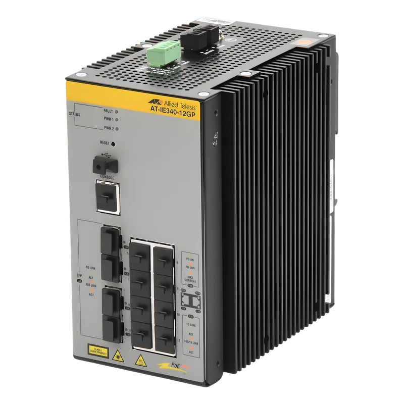 Switch Industrial PoE+ Capa 3 D/8 Puertos 10/100/1000 PoE af/at, 4 x SFP (TAA) ALLIED TELESIS AT-IE340-12GP-980
