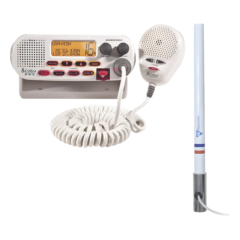 Kit de radio MRF45D | mas antena marina TX-5101-SYS fabricada en fibra de vidrio con base roscable de acero inoxidable COBRA MRF45D/KIT5101