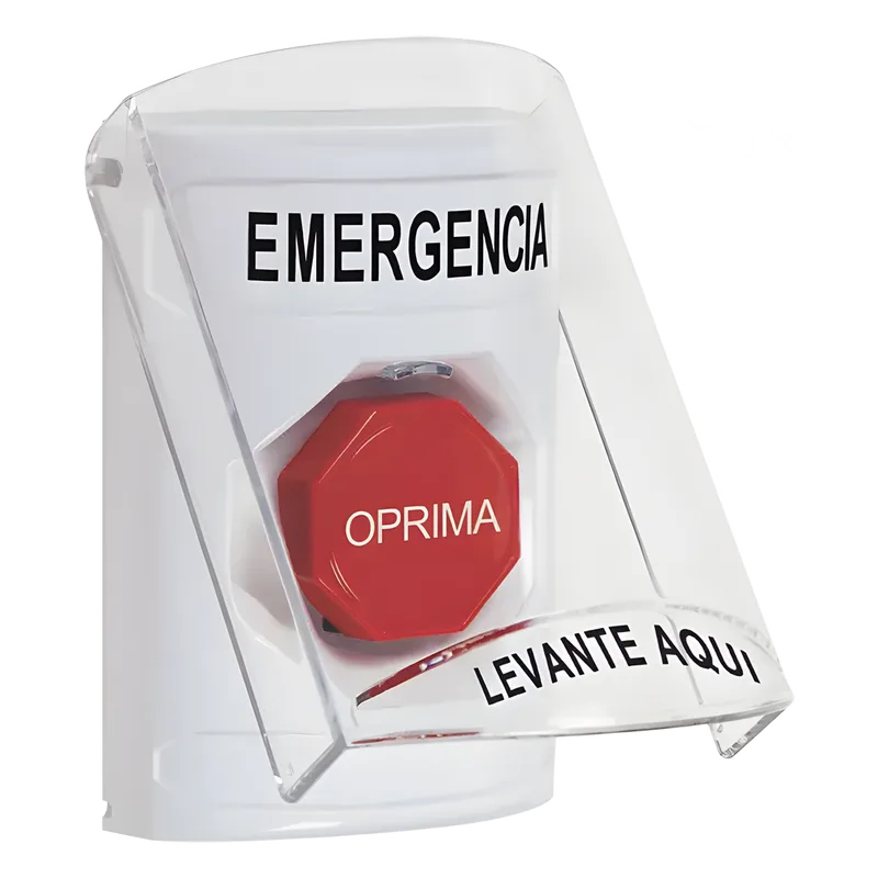 Botón Multipropósito, Color Blanco, De Superficie, Con Tapa De Policarbonato, Con Bocina Pre Alarma, Solo Interior, Llave Para Restablecer, Texto De Emergencia, Español STI SS23A2EM-ES